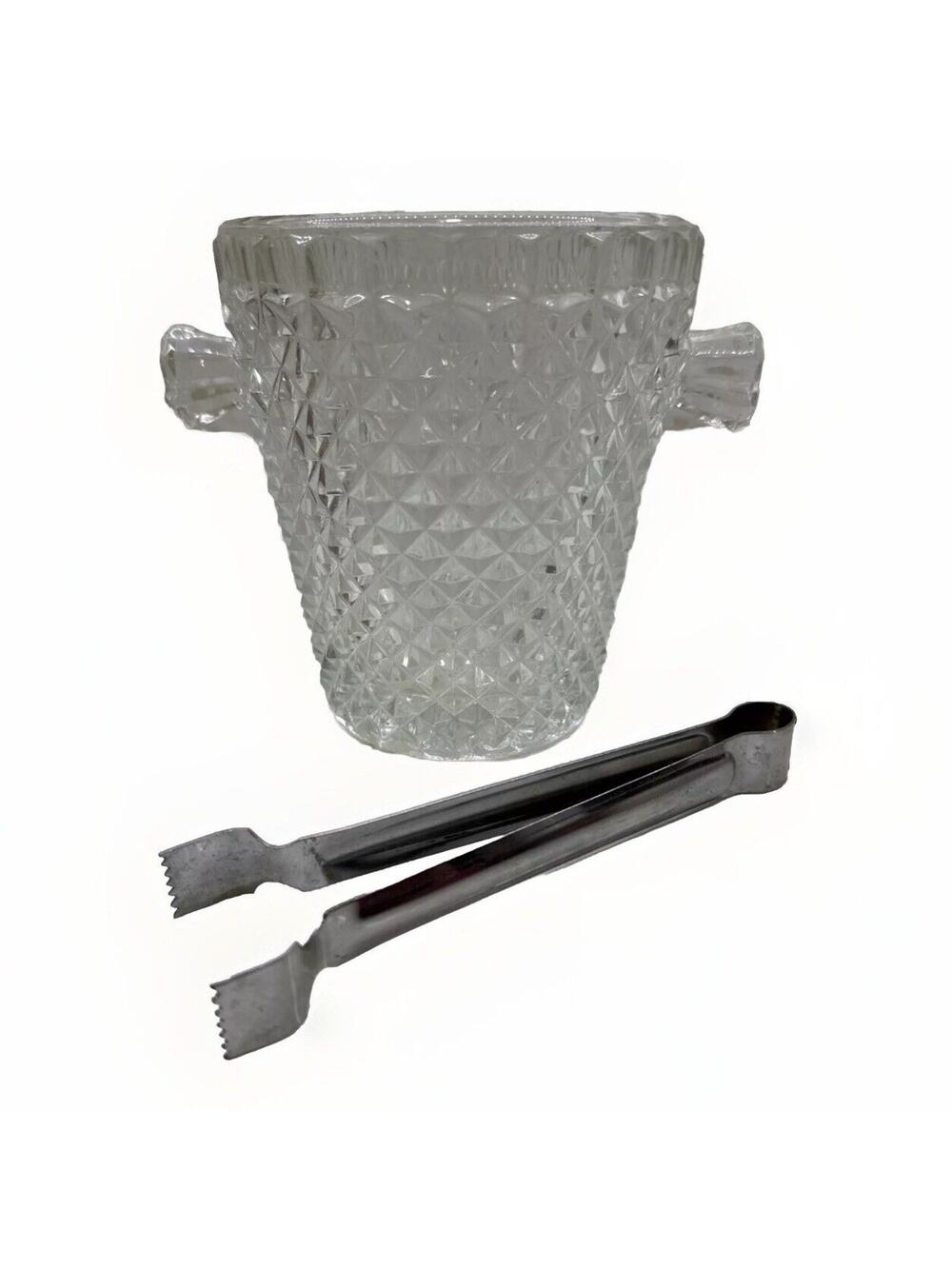 Vintage Crystal Cut Glass Ice Bucket with Tongs Anchor Hocking Wexford Pattern